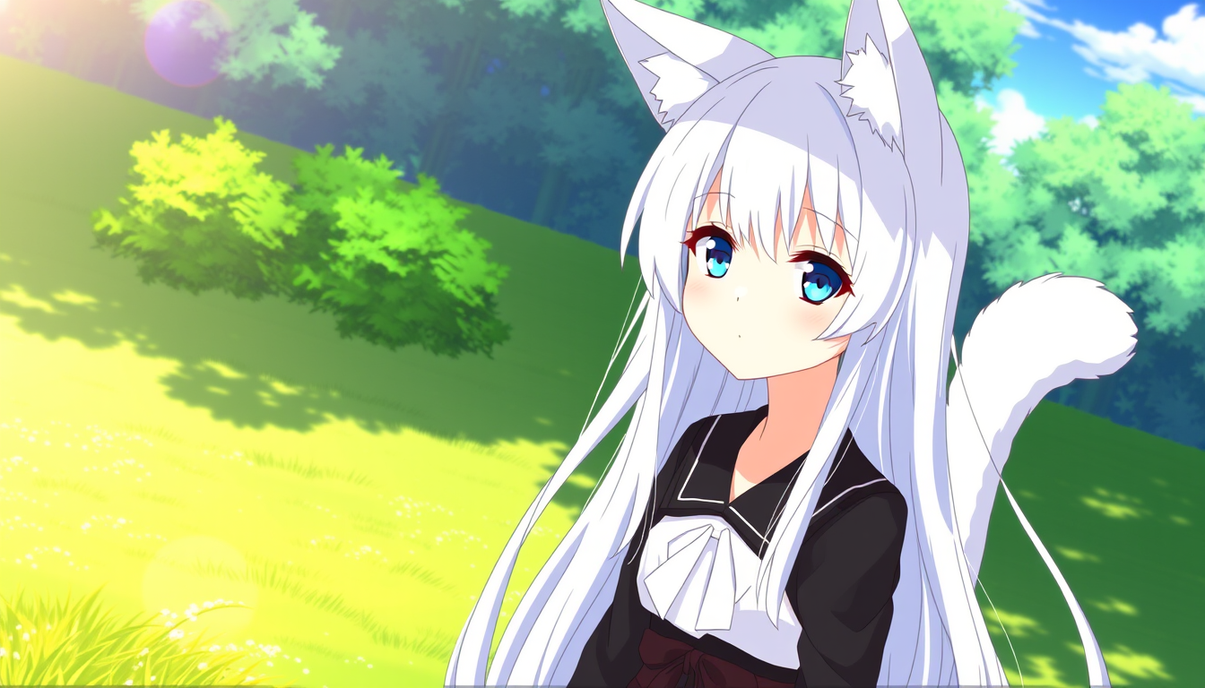 Main art studio: Anime girl with long silver-white hair, blue eyes, white cat ears, a fluffy tail, and a black outfit, standing outdoors in a sunny green landscape.