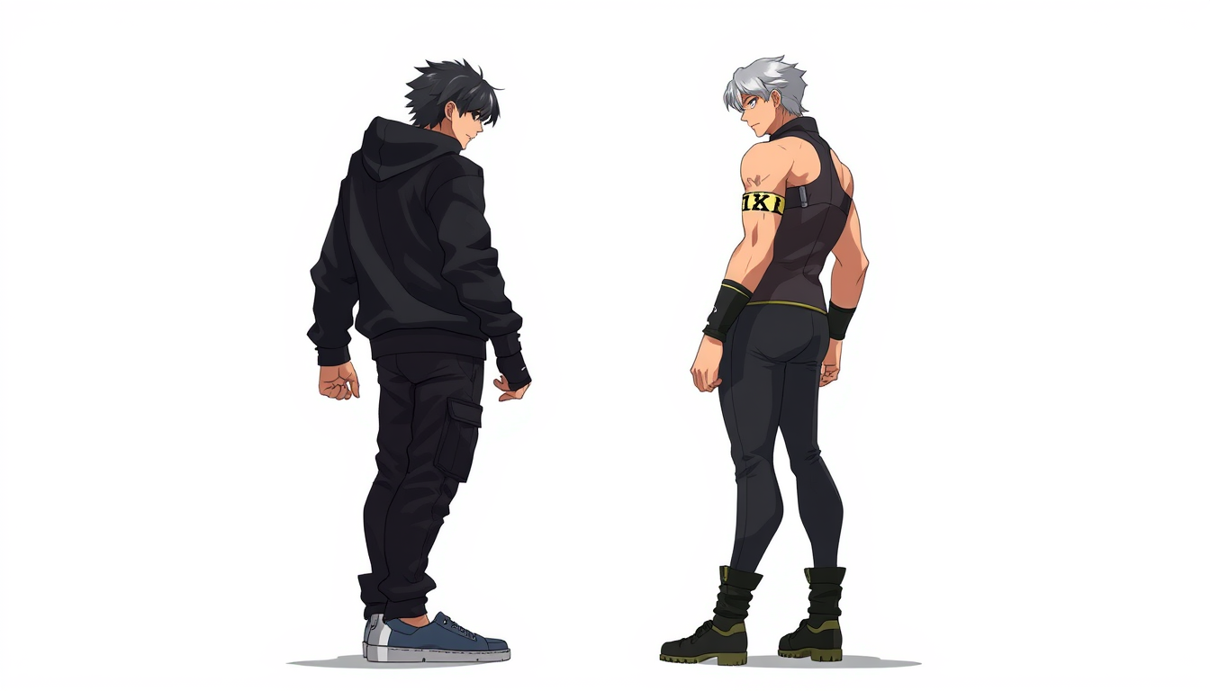 Main art studio: Two tall adult muscular anime fighters, age 24, facing each other. KAIRO: black messy hair, black hoodie and cargo pants. VEXOR: silver hair, red eyes