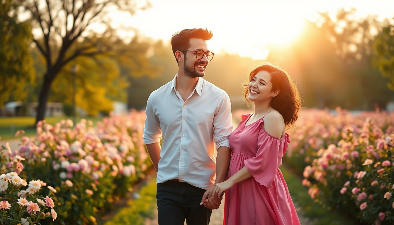 Main art studio: romantic portrait of a happy young couple in a beautiful park at golden hour. The woman is chubby with fair skin, wearing a pink dress full hand and s