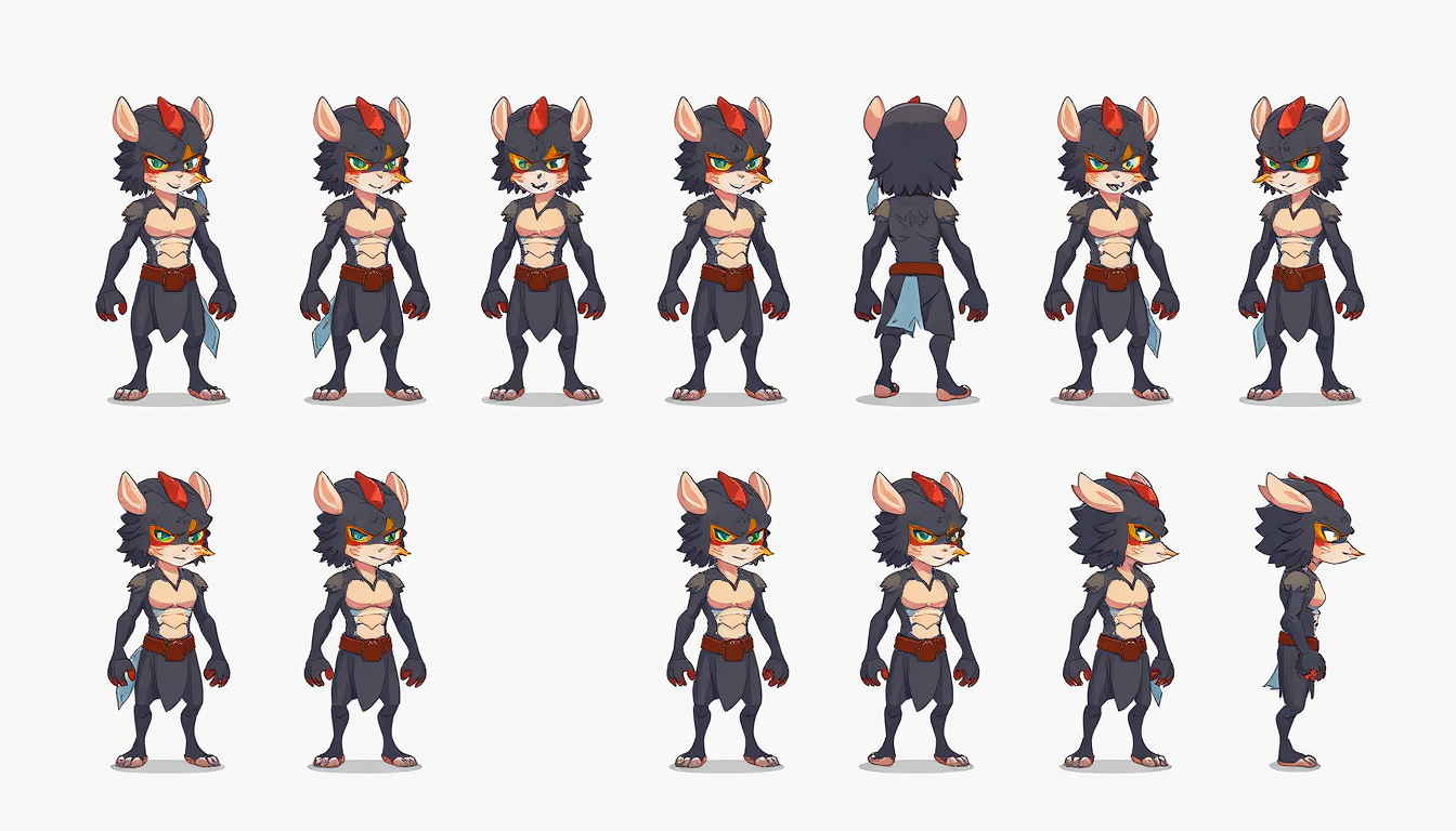 Sprite Sheet idea: sprite sheet, multiple character poses, clean grid layout, pixel game asset style, consistent character design, una yeti hembra de 15 años , game spri