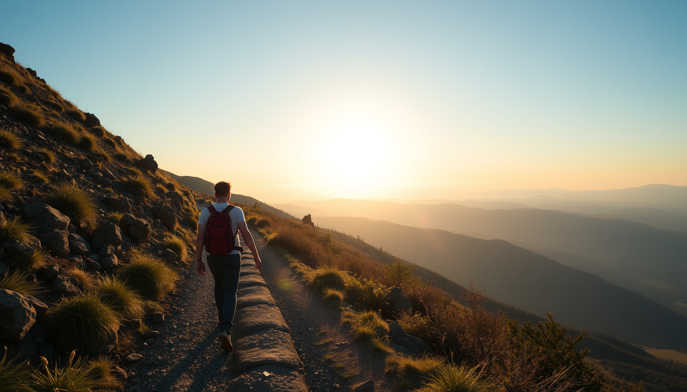 Main art studio: Zwei wanderer männlich gleiche Personen auf Bergweg von hinten, einer steht weit weg mit erhobenen armen . Sonne am Horizont. Also foto