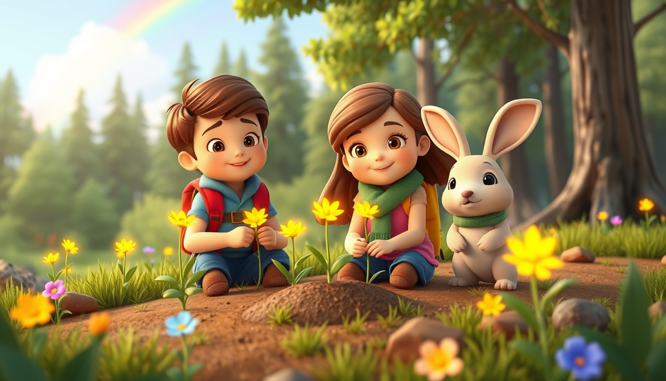 AI Art prompt example created from the prompt: Liam, Mia and Bobo plant magical seeds together in a beautiful forest clearing. Glowing colorful flowers grow around them. Liam is an 8-year