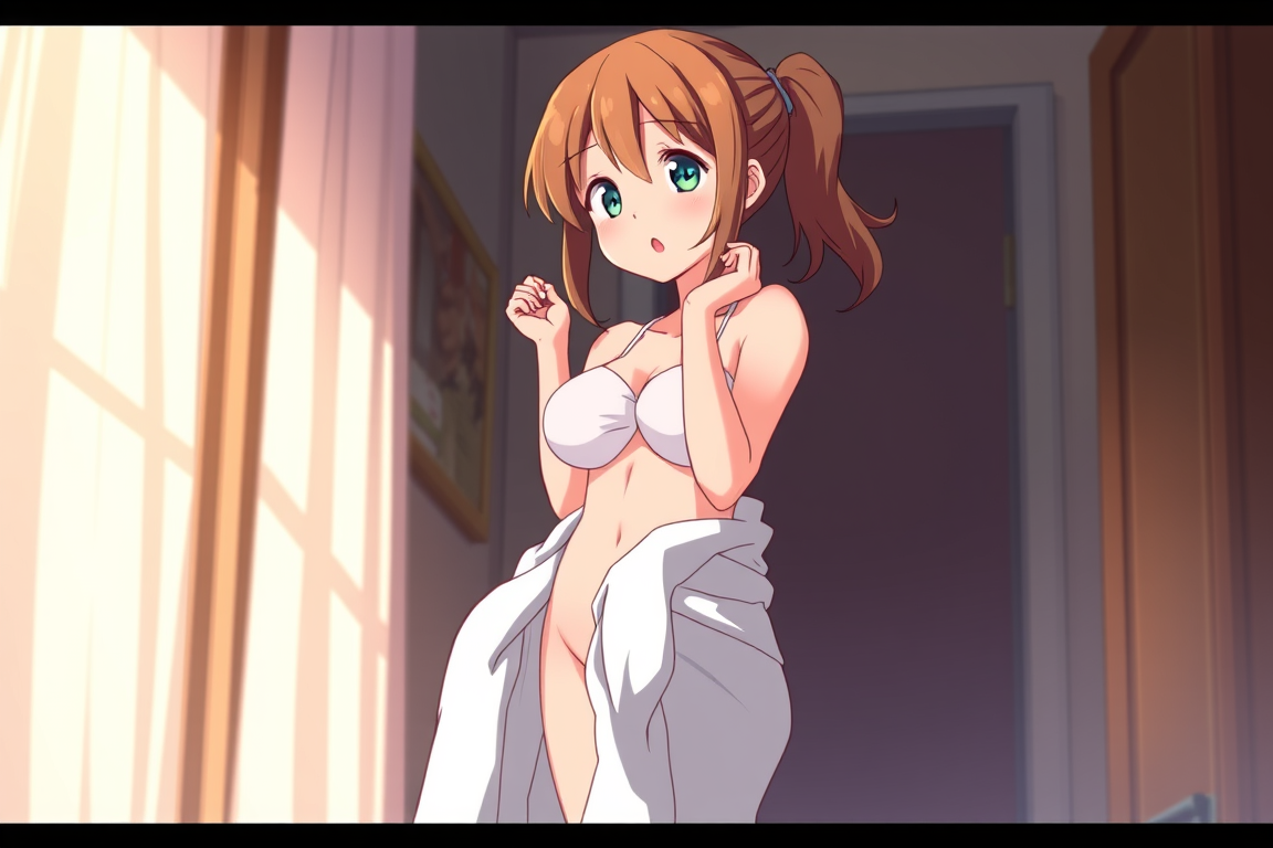 Main art studio: "1girl, standing in a room, wearing only a towel that is slipping off her body, soft light revealing her natural curves, surprised expression, warm co