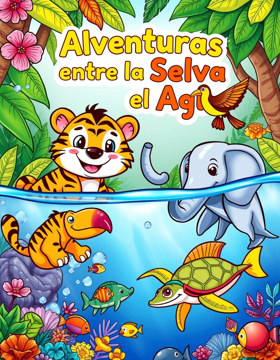 Main art studio: Create a colorful children's coloring book cover titled “Aventuras entre la Selva y el Agua”. Show adorable original animals: a smiling tiger, monkey,