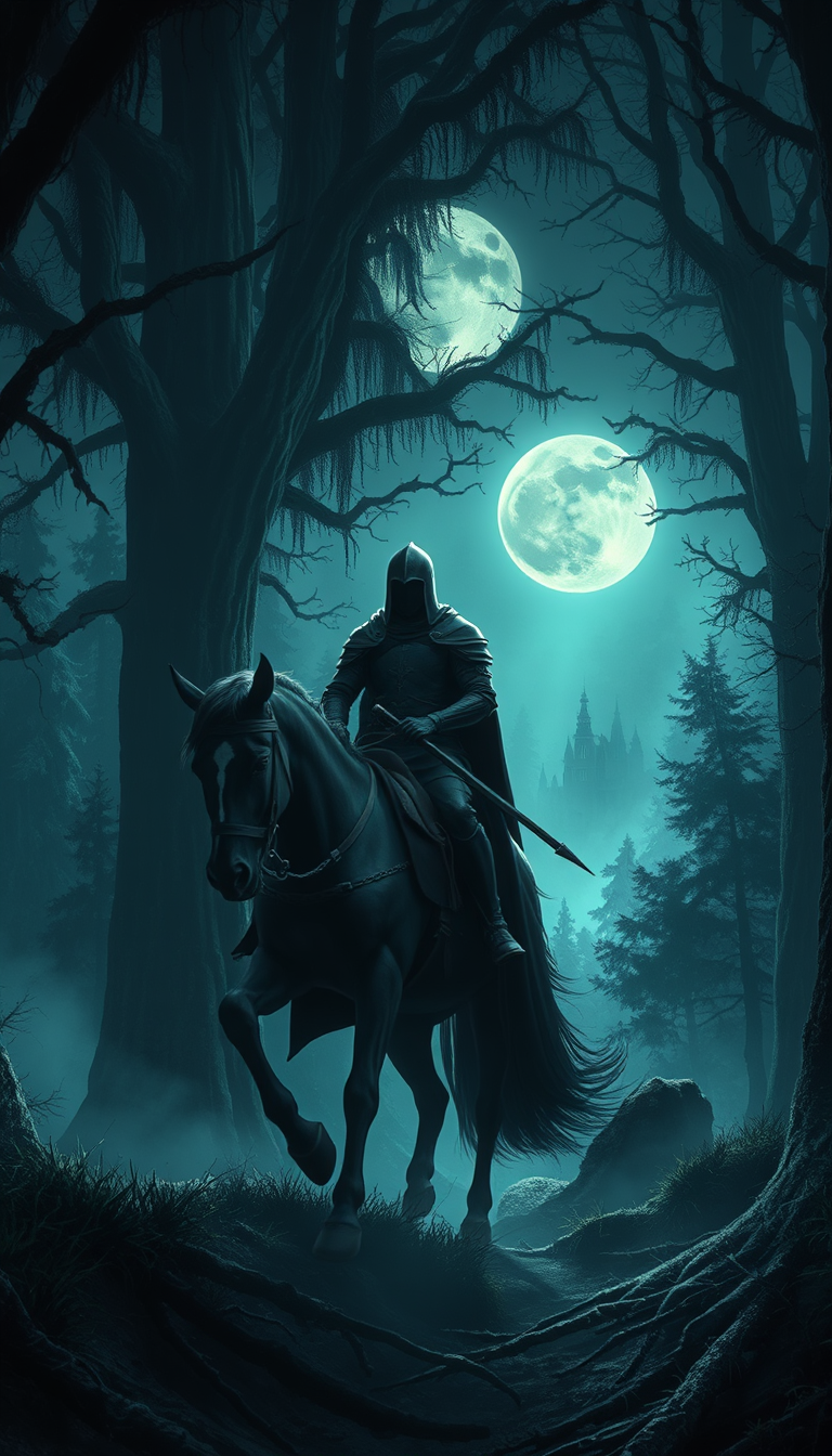 Main art studio: A mysterious medieval knight in black armor rides a powerful horse through a dark enchanted forest at night. Moonlight shines through enormous ancient