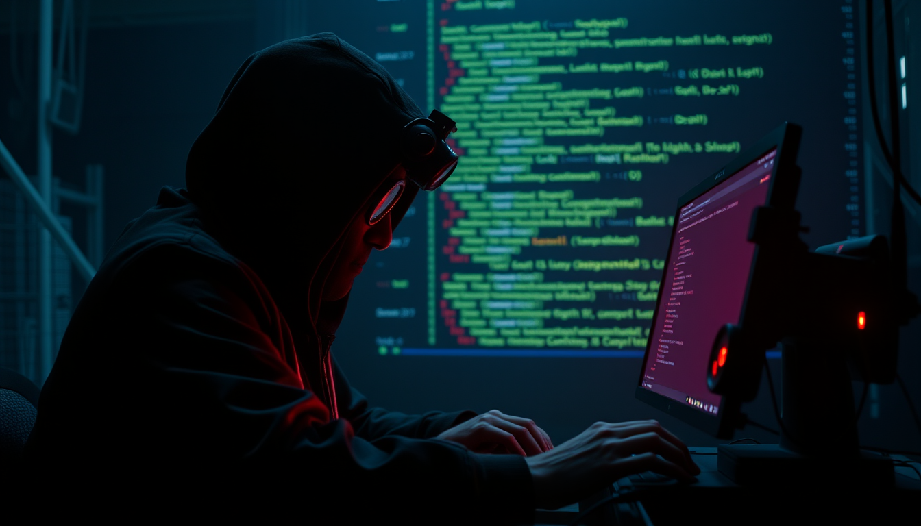 Main art studio: hacker sentado en la obscuridad realista, con maquina programando en bash que se vea de frente