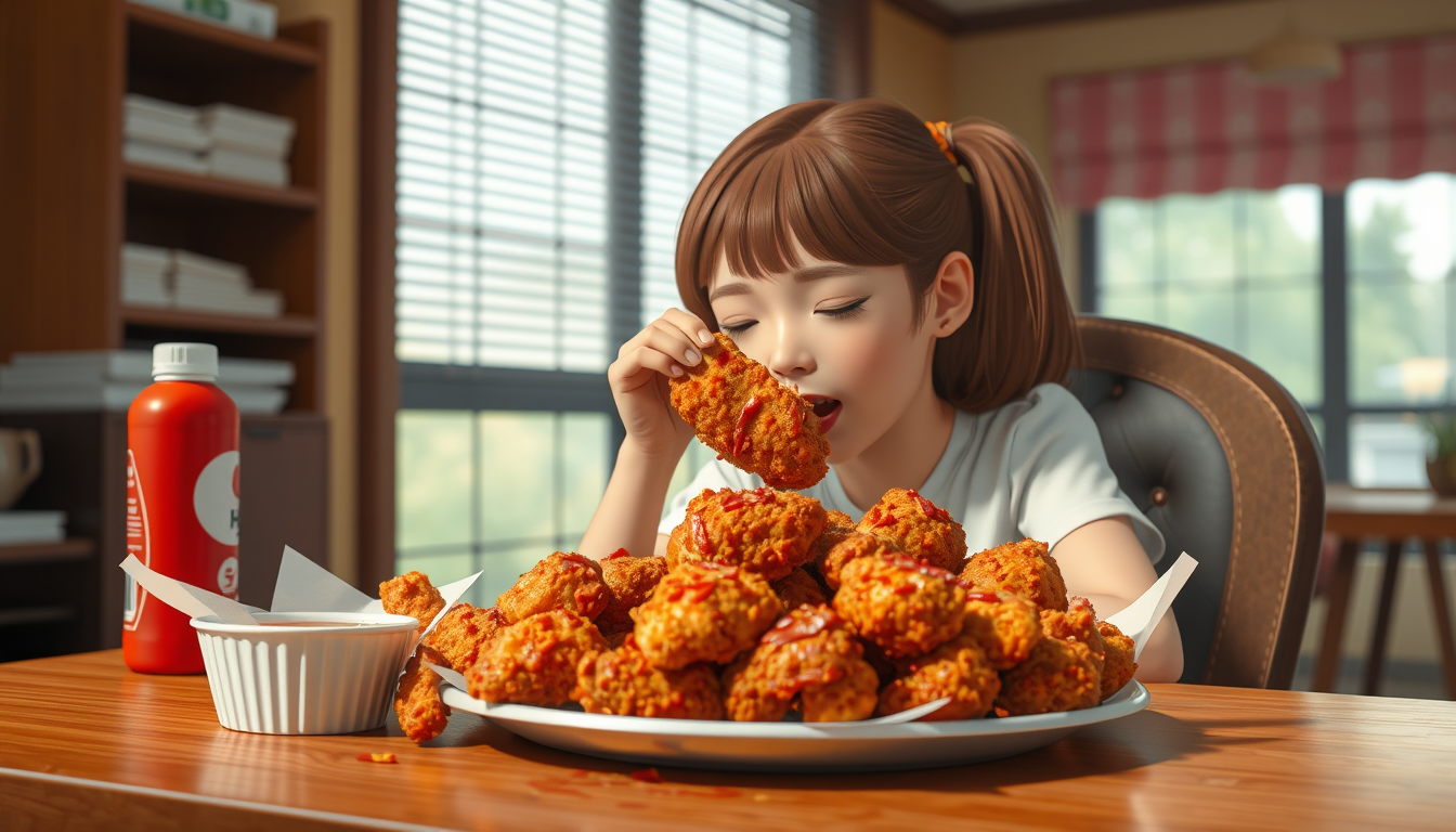 Main art studio: There is a desk full of fried chicken red spicy and a girl sitting in her chair with no voice eats it satisfying noises comes from the food