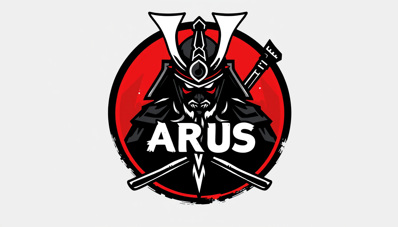 Main art studio: Create a logo with the samurai character with high quality and with bold name A A R U S YT 亗