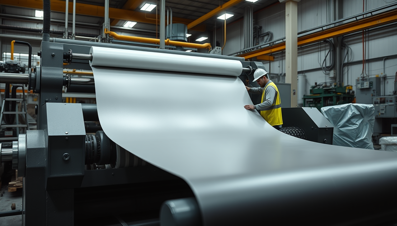 Main art studio: Show a large industrial machine rolling finished PU synthetic leather into a tight, clean roll. Workers inspect and package the roll for football manu