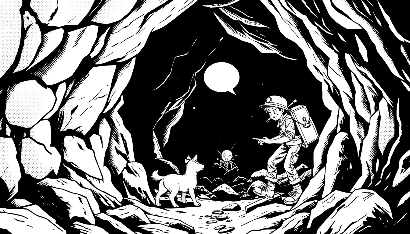 AI Comic idea created from the prompt: comic panel, bold inks, halftone shading, speech-bubble ready composition, Dibuja al mismo joven explorador entrando en una cueva oscura con