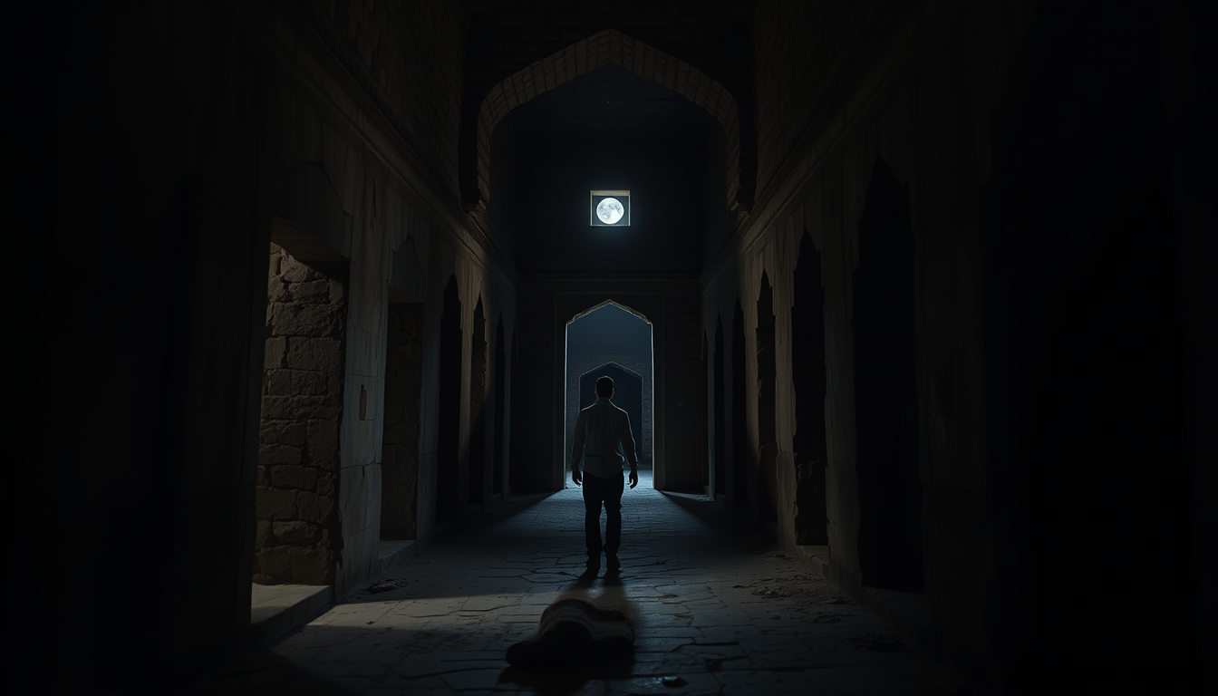 Main art studio: A deserted stone corridor inside Bhangarh Fort at night, empty doorways, moonlight entering through broken arches, a lone adult visitor listening care