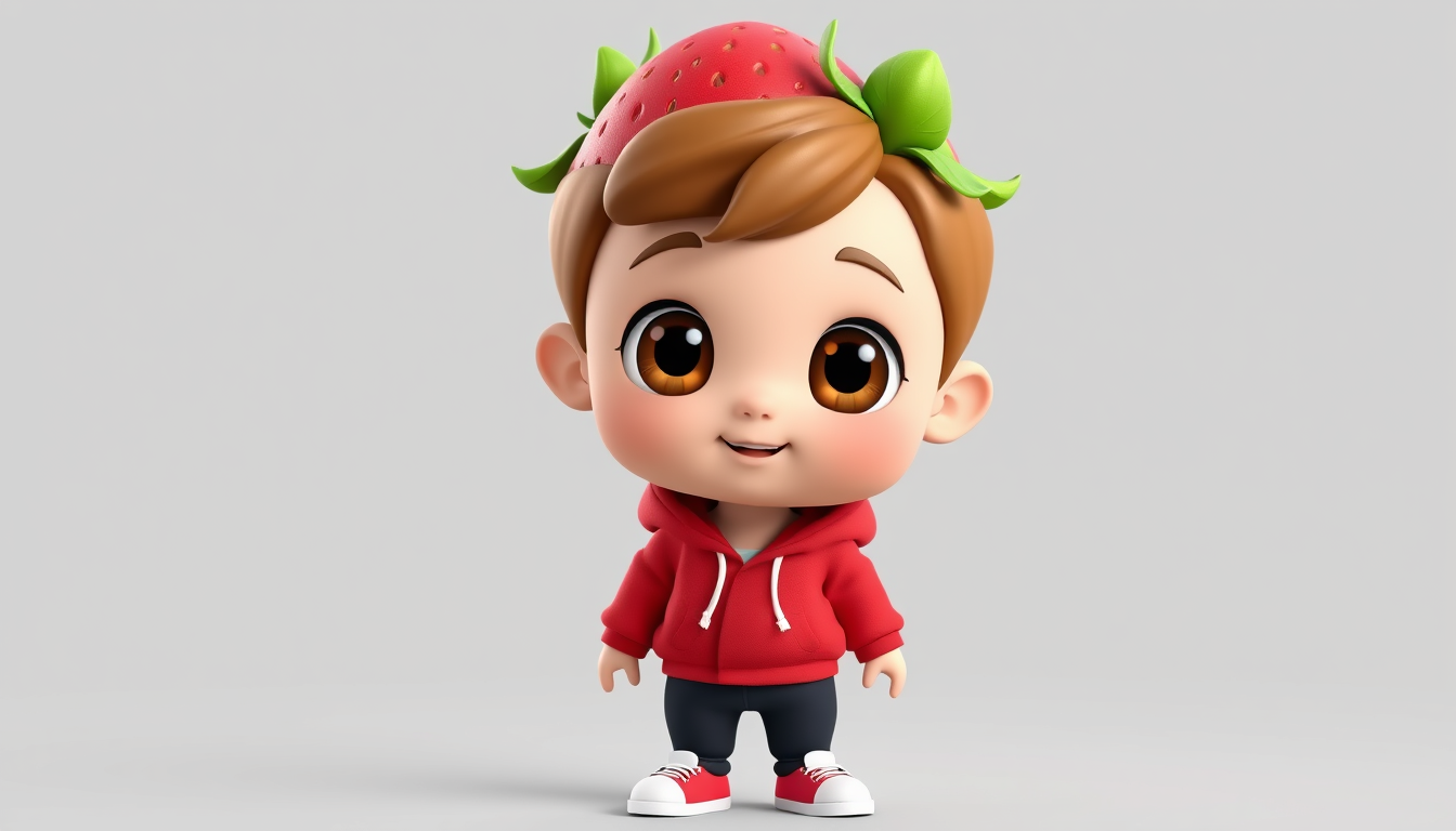 AI Art prompt example created from the prompt: Cute 3D cartoon strawberry boy, big brown eyes, green leaves on head, red hoodie, black pants, white sneakers, colorful animation, full body