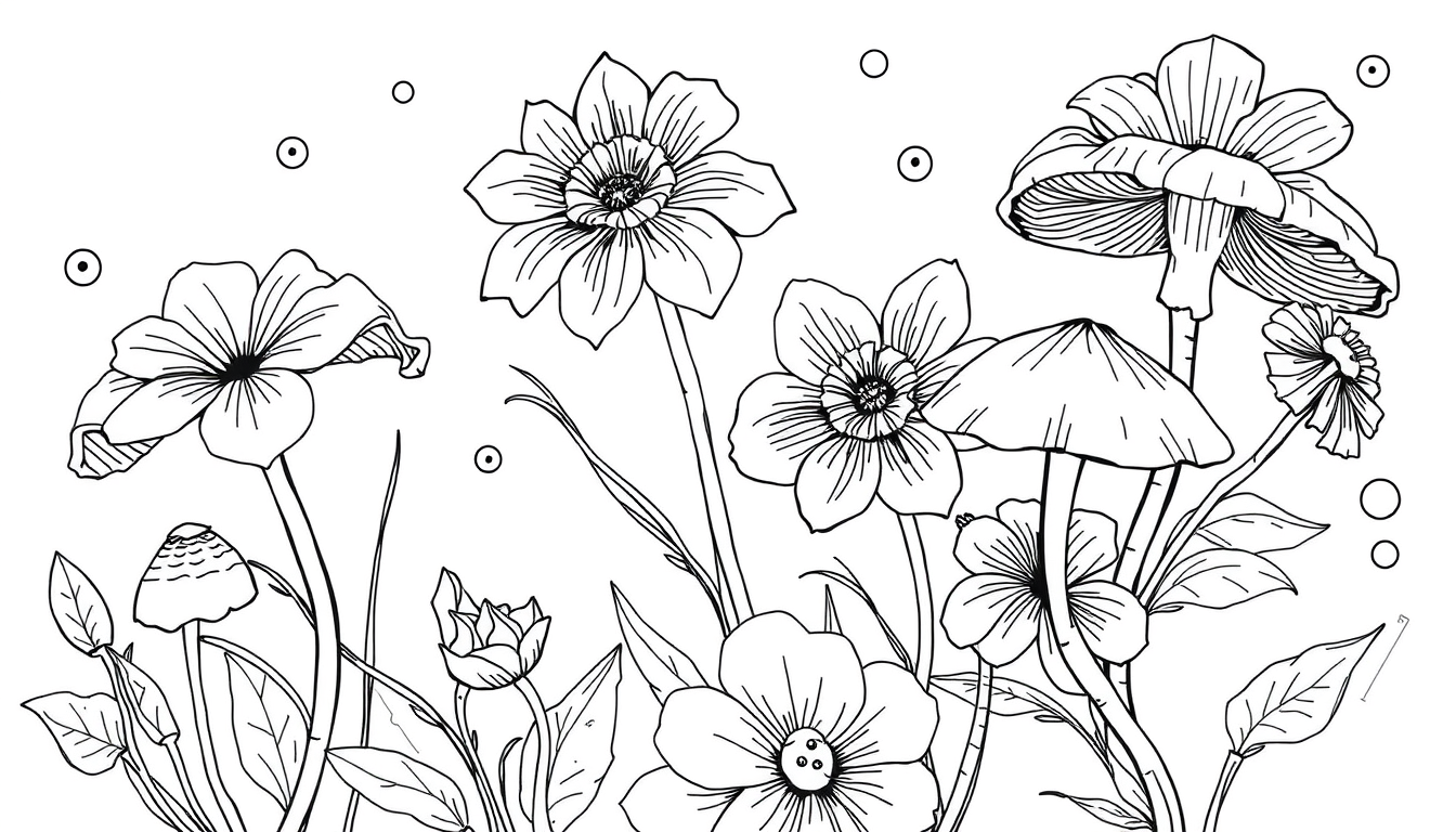 Main art studio: sketch me up some line art of some flowers with some squiggles and heavily bold lines and mushrooms and complex flowers and simple mushrooms and heavi