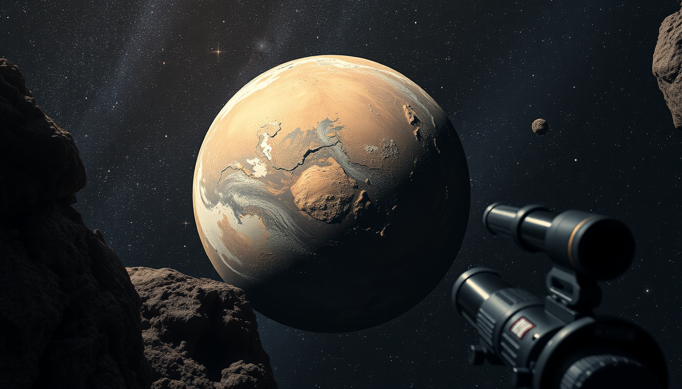 Main art studio: dry earth planet with space trash from telescope