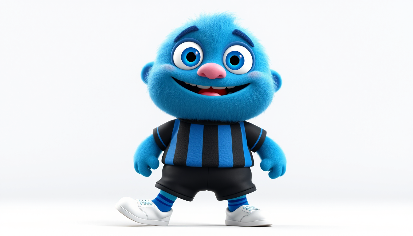 Main art studio: Cute 3D blue monster named Pippo, small and chubby, huge light-blue eyes, big happy smile, short arms and legs. Young soccer fan wearing an original b