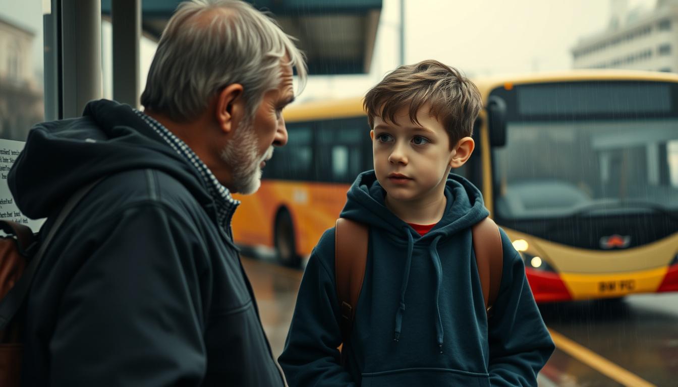 Main art studio: A young boy in a dark blue hoodie standing beside an old man at a rainy bus stop, asking him a question, emotional atmosphere, buses in the background