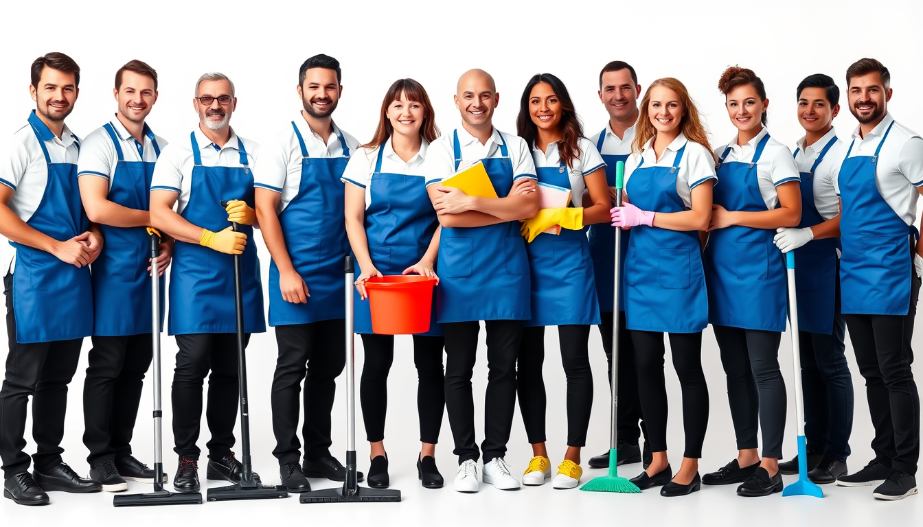 AI Art prompt example created from the prompt: size 2560 by 1194 A diverse team of 8 professional cleaners standing together in a bright white studio, wearing matching blue aprons over wh