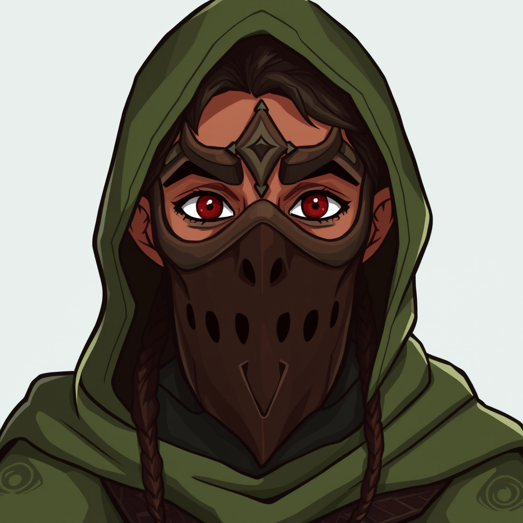 Main art studio: Cartoon fantasy artstyle. A Druid with brown skin, red eyes. Age 25 however his face is completely covered up by a wear mask in which only the druids