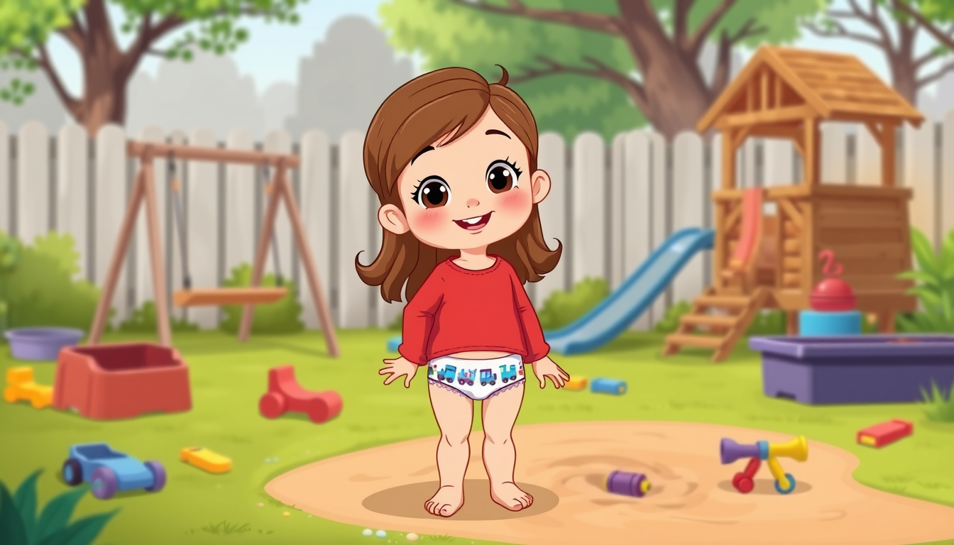 Main art studio: Cute Cartoon image of a 4 year old girl with brown long hair, red long sleeve shirt, purple and white ubderwear briefs with blue trains on it, and bar