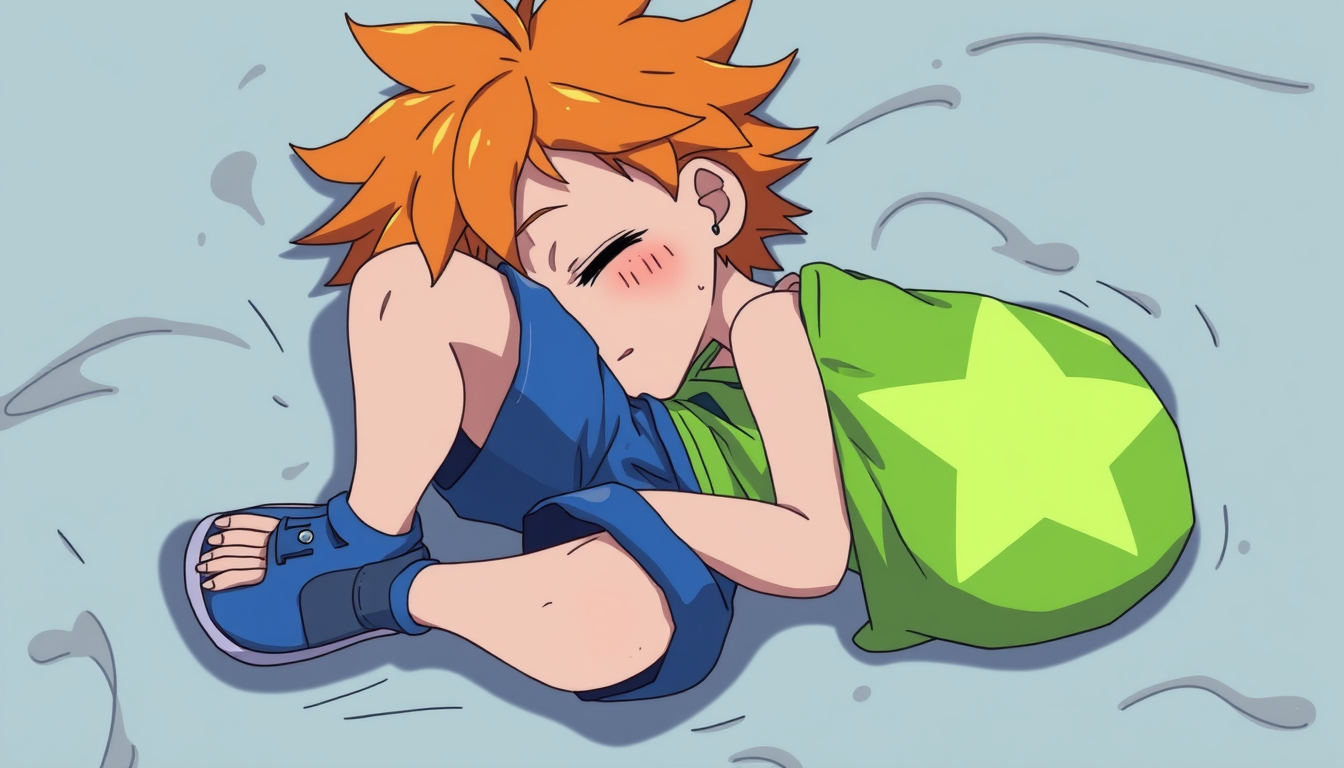 AI Art prompt example created from the prompt: anime style small boy with blue shorts with a green tanktop that has an image of a star, orange messy hair 3 pimples on each side of his che