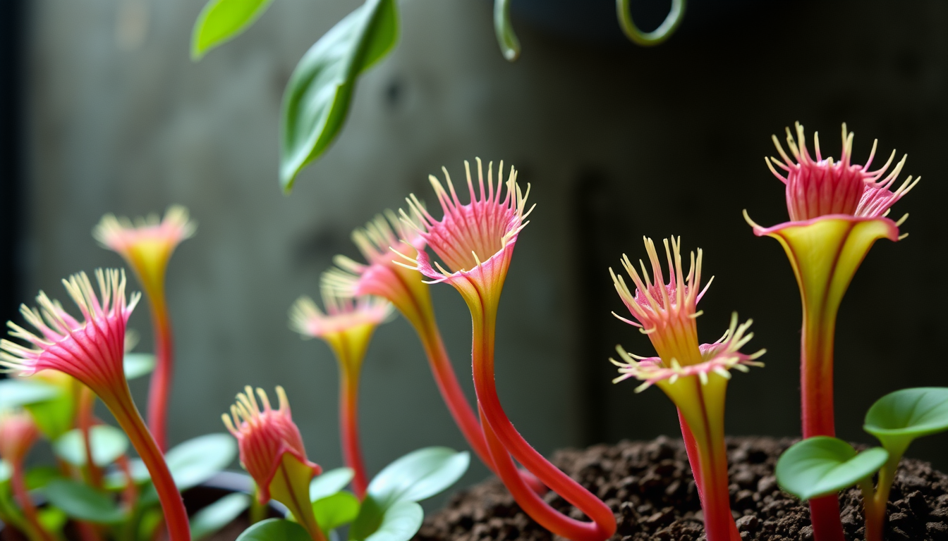 Main art studio: venus flytrap but are much bigger and taller and are flatter and have a long and slim stem and they look like a piranha plant and are green with a pin