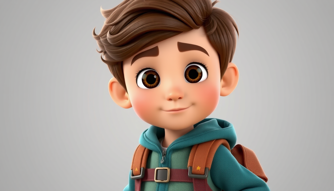 AI Art prompt example created from the prompt: Adam is an original 3D animated child adventurer with wavy brown hair, brown eyes, a teal jacket, beige trousers, and a brown backpack. Keep