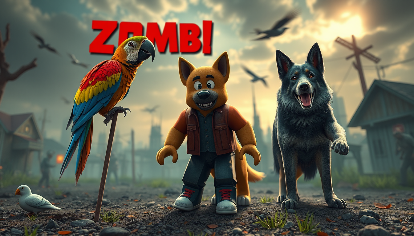 Main art studio: Zombie apocalypse and Roblox and a dog with a parrot and a pigeon and a German shepherd and they survive