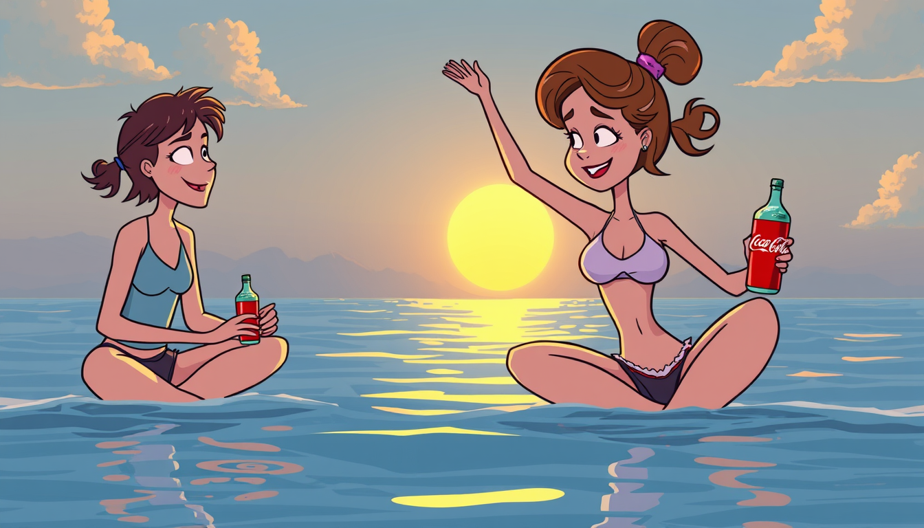 Main art studio: Ragazzi cartone animato mora e bella che fa yoga al mare al tramonto e tiene in mano una coca cola il vetro. Solo una perosna e poi figa, sorridente