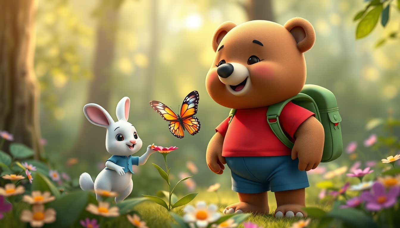 Main art studio: 3D animated children's cartoon. Bruno, the same cute brown bear wearing a red T-shirt, blue shorts, and green backpack, stands beside Benny, a small w