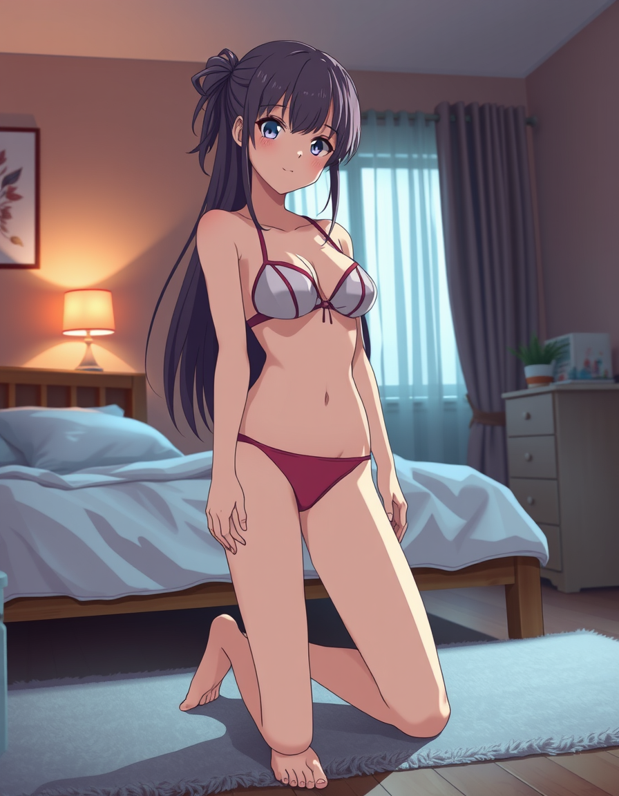 Anime Characters idea: an anime character with a legible silhouette, controlled costume language, and expressive face, deliberate composition, 23 year old girl in bedroom we