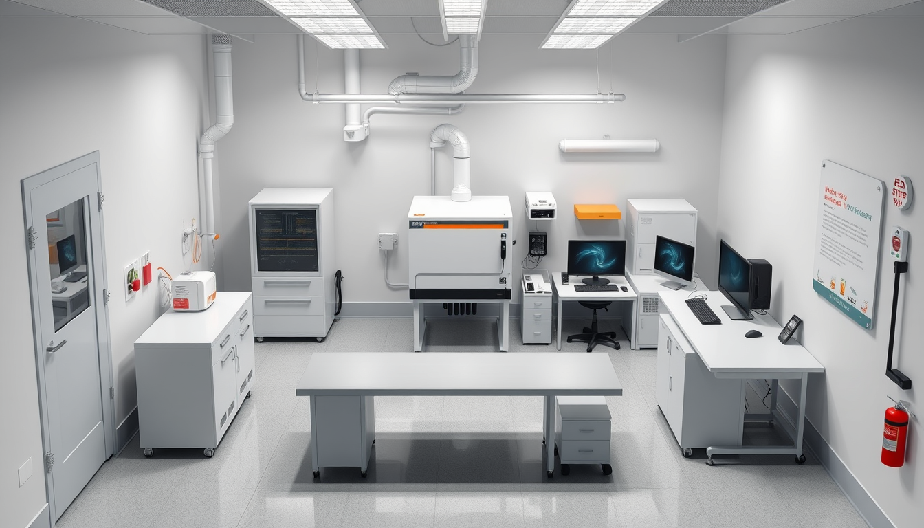 Main art studio: Realistic 3D 4x6m vibration laboratory. Center: DYN-PM-440 shaker on isolated steel table. Wall: SA-500 in 19-inch rack with UPS. Desk: HIL PC. Ventil
