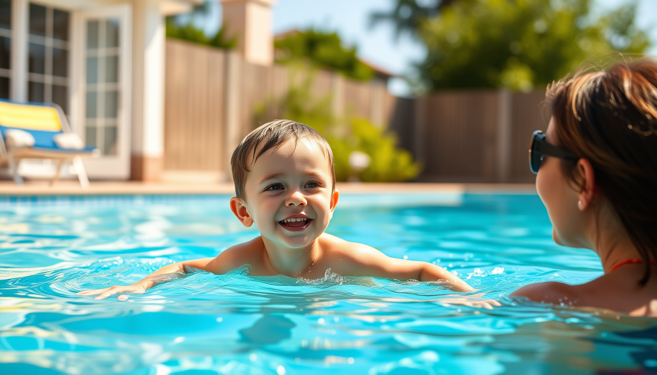 Main art studio: Realistic vertical 9:16 photograph of a happy young child swimming in a family swimming pool while their mother watches nearby, sunny summer day, natu