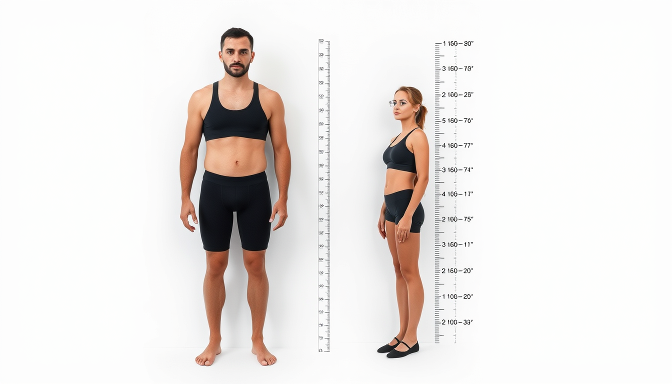 Main art studio: Scientific anthropometric comparison board. White background. Adult man, 35 years old, exactly 180 cm tall. Adult woman, 35 years old, achondroplasia,