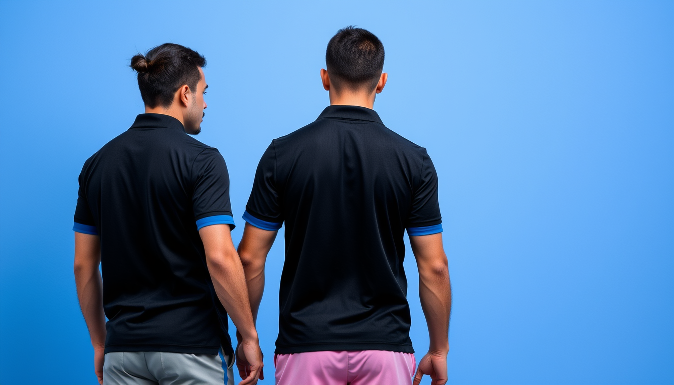 Main art studio: Polo de futbol negro mate, con una franja cruzada de arriba izquierda a abajo derecha que va de un azul eléctrico a un rosa fucsia, mangas y cuello co
