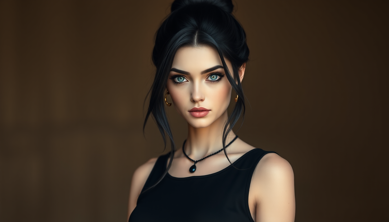 Main art studio: Egyptian white girl. she has blue eyes, and raven black hair in a bun. she is wearing a black nose ring. make her look realistic, and curvy. also gene