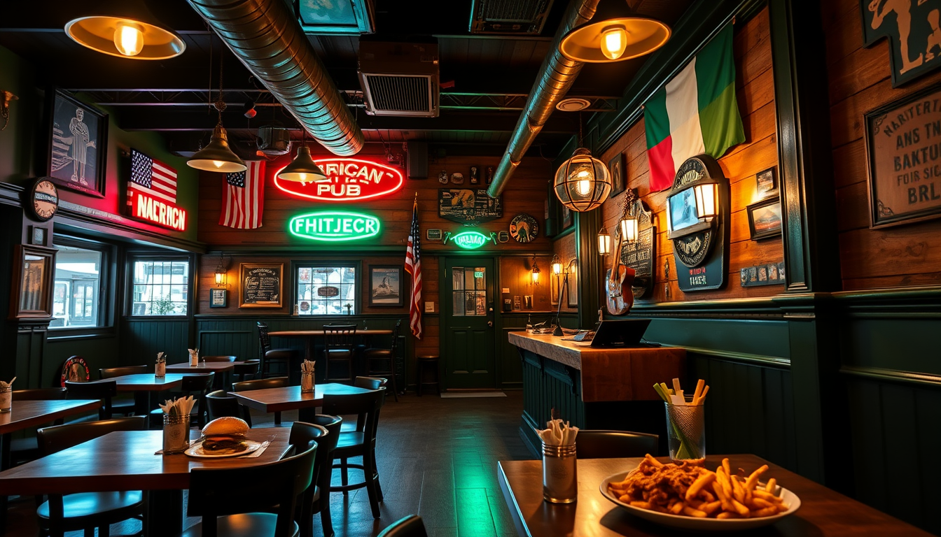 Main art studio: A realistic American-Irish fusion restaurant combining a traditional Irish pub with an American diner. Warm wooden interior, dark green colors, vintag