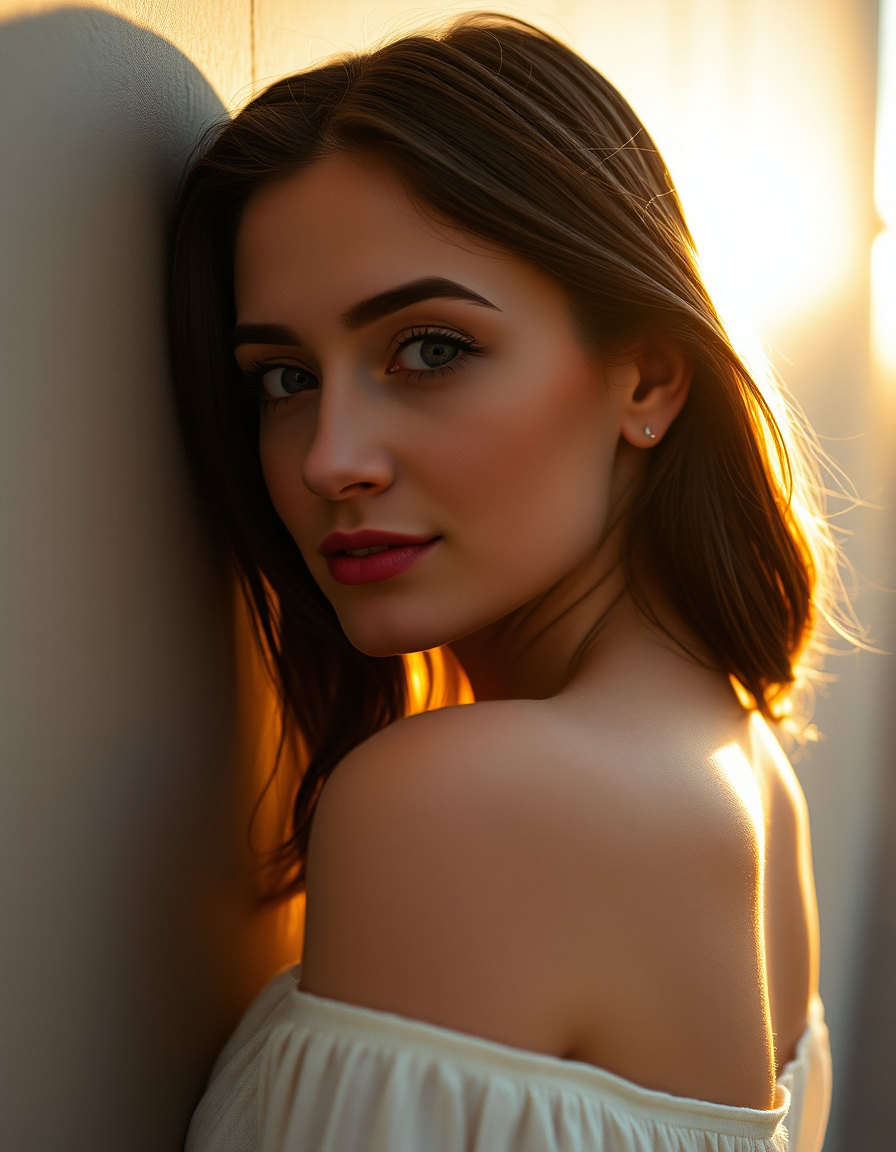 Main art studio: Cinematic close up portrait of a woman in her late 20s, standing half turned away from the camera glancing back over her shoulder. Soft golden hour si