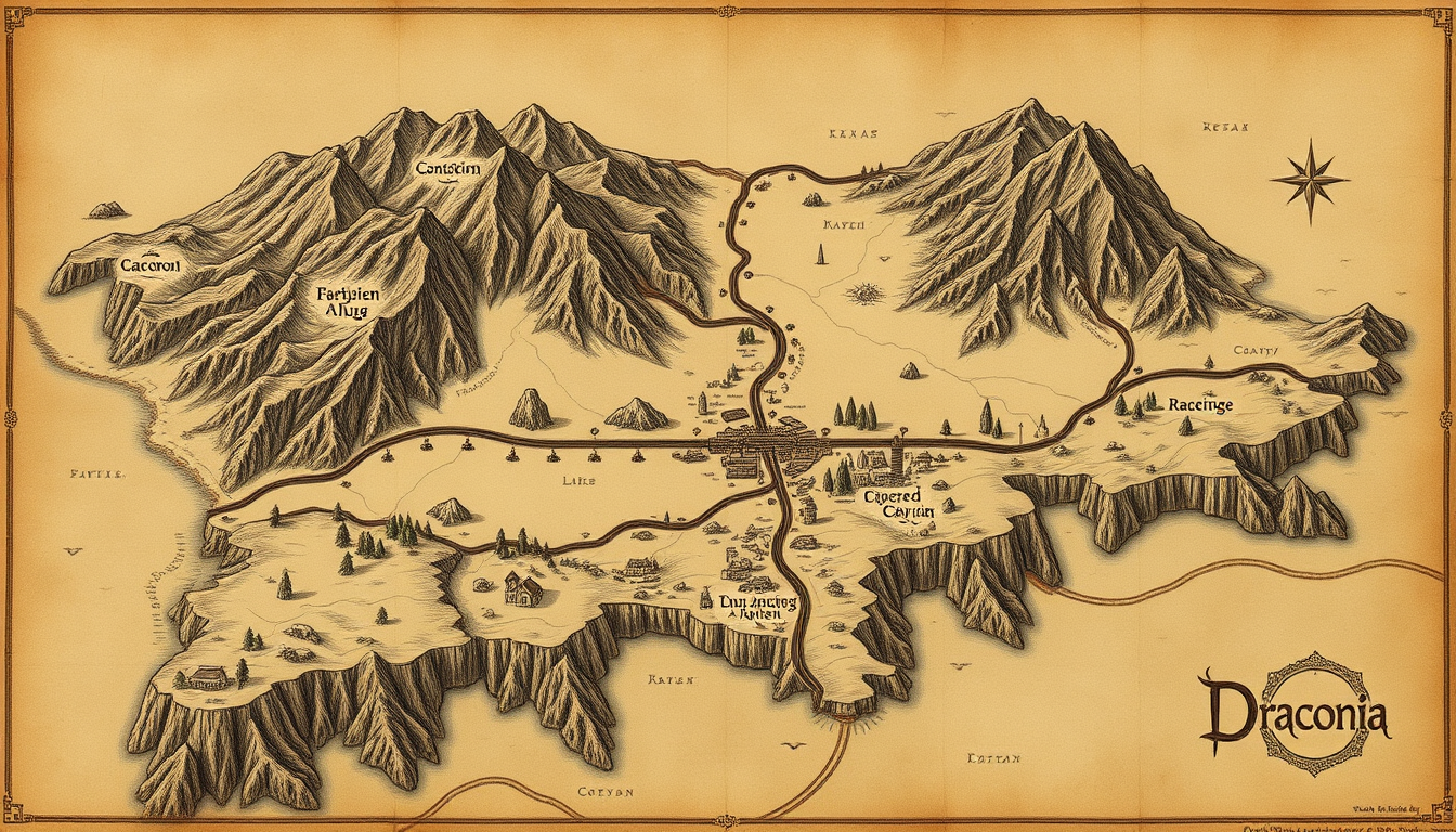 Fantasy Maps idea: fantasy world map, hand-drawn cartography, aged parchment, mountains forests and coastlines, Create a Wild West–style map of a land called Draconia. I