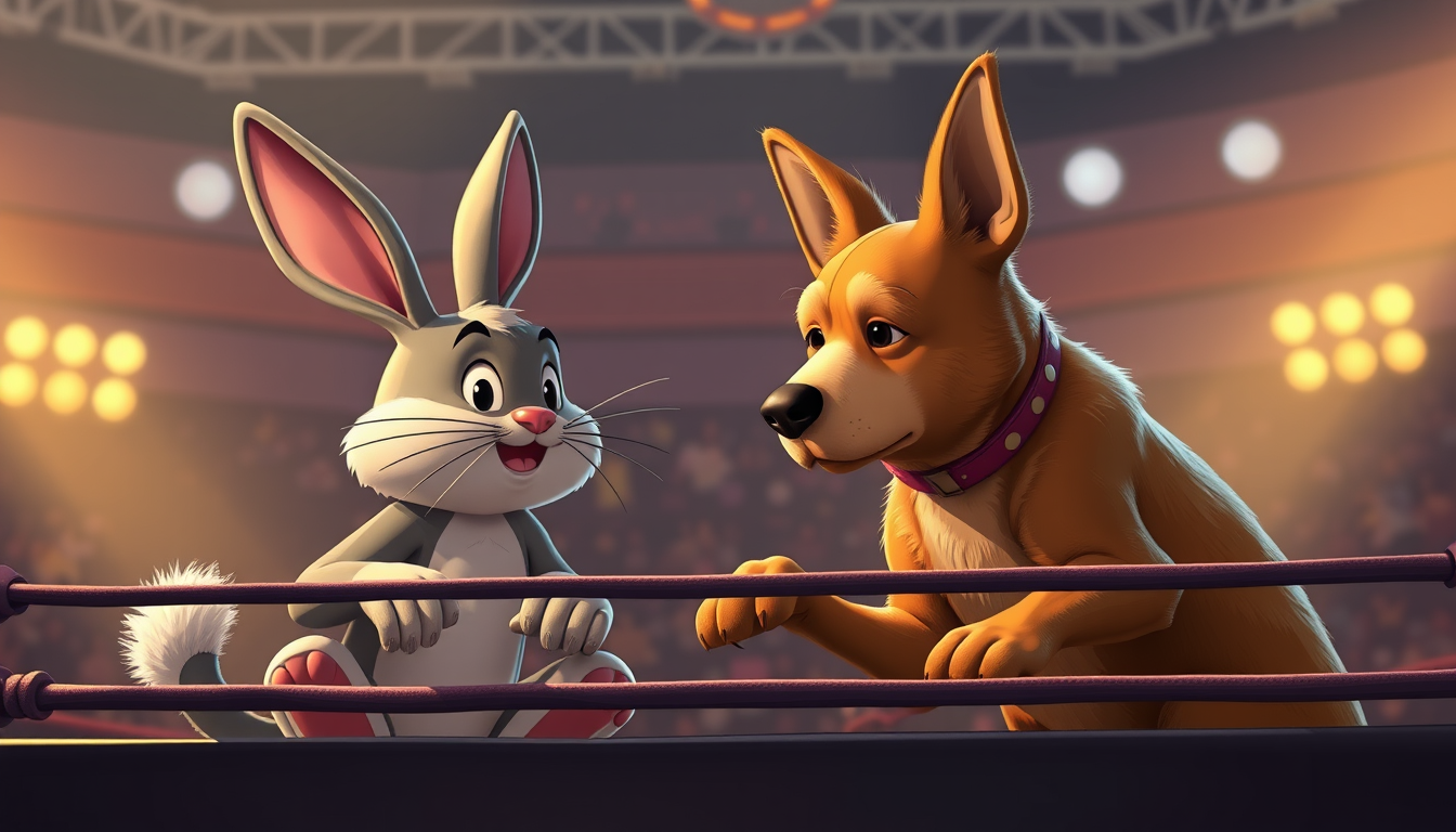 Main art studio: cartoon bunny a cat and a dog watching pro wrestling