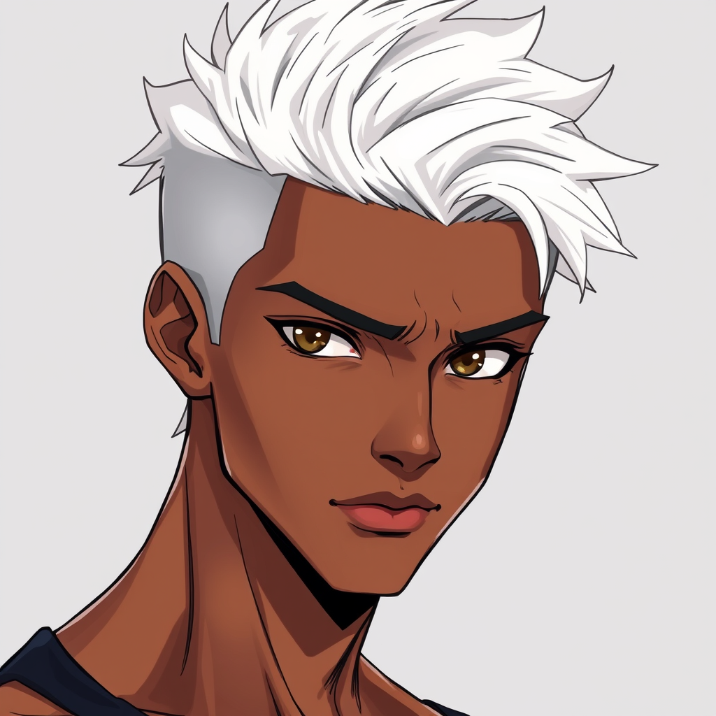 Anime idea created from the prompt: anime style, vibrant colors, expressive eyes, Jeune homme africaine forme bien dessiner cheveux blanc yeux noires visage en forme , detailed
