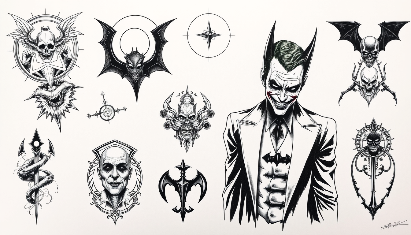 Tattoo Idea idea: tattoo concept exploration, varied motifs, symbolic imagery, clean ink rendering, joker kill him batman , browseable tattoo idea, ready for refinement