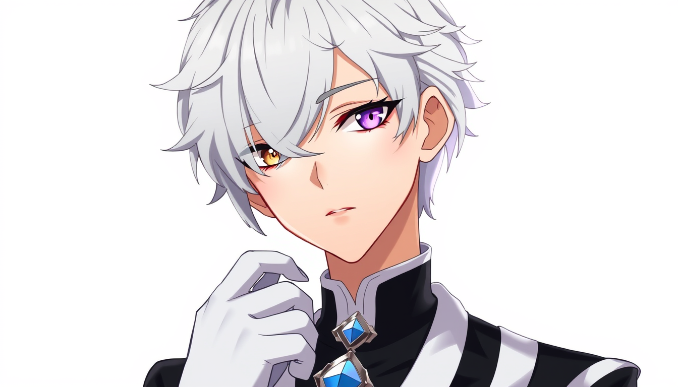 AI Art prompt example created from the prompt: 13-year-old anime boy, handsome and charismatic, silver layered hair with soft bangs, heterochromia: right eye violet, left eye blue, calm m