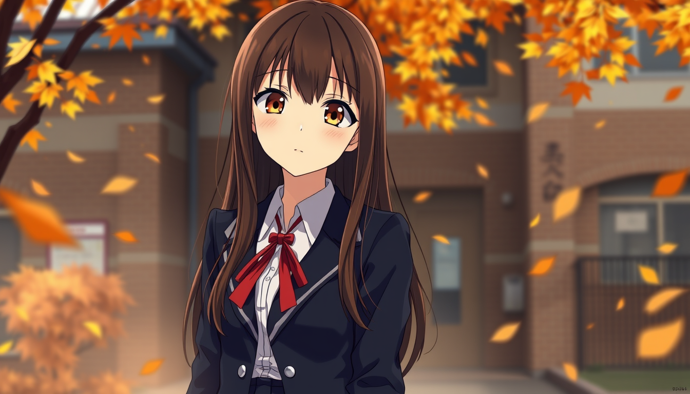 Main art studio: Create an original cinematic Japanese anime character portrait of Noni Mizuno, a 17-year-old Japanese high school girl. She has long, straight dark-br