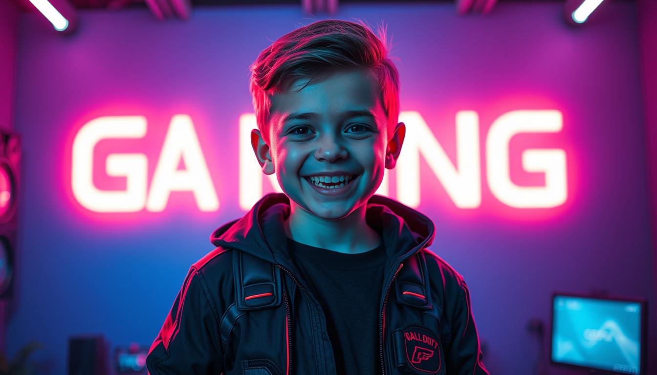 Main art studio: Use the exact face and appearance of the boy in the reference photo, keep his facial features unchanged. Make him very happy and excited, wearing a co
