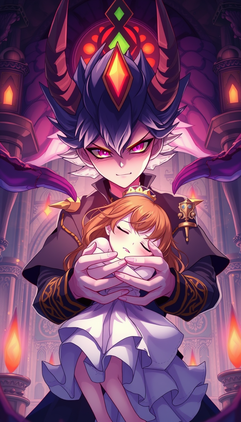 Anime idea: anime style, vibrant colors, expressive eyes, Magical aesthetic image a monster boy holding a beautiful girl in hands she is unconscious and close eye