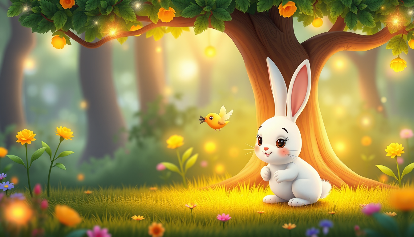 Main art studio: The same cute white bunny sees a small hungry bird sitting under the magical tree. The bunny kindly gives the golden flower to the bird. The bird beco
