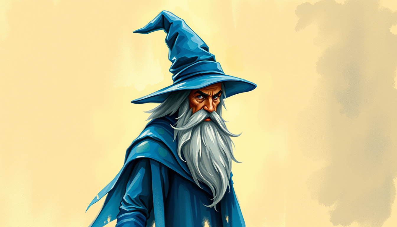 Main art studio: create an impressionist style picture of a wizard dressed in blue robes and pointy blue hat