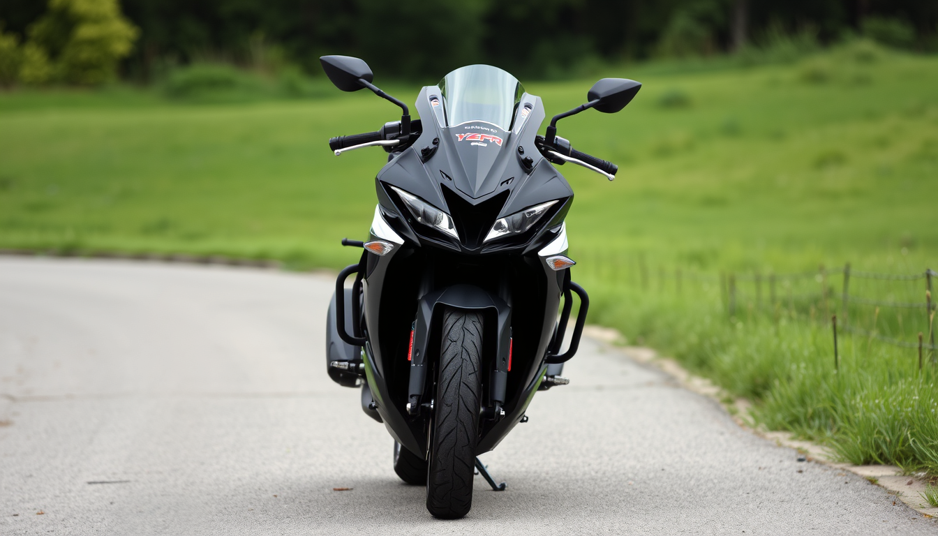 Main art studio: Erstelle ein Bild von einer Yamaha yzfr 125 in schwarz aber vorne, vorne die Seiten ( nicht alles nur vorne die Seiten) der Tank ein bisschen und der