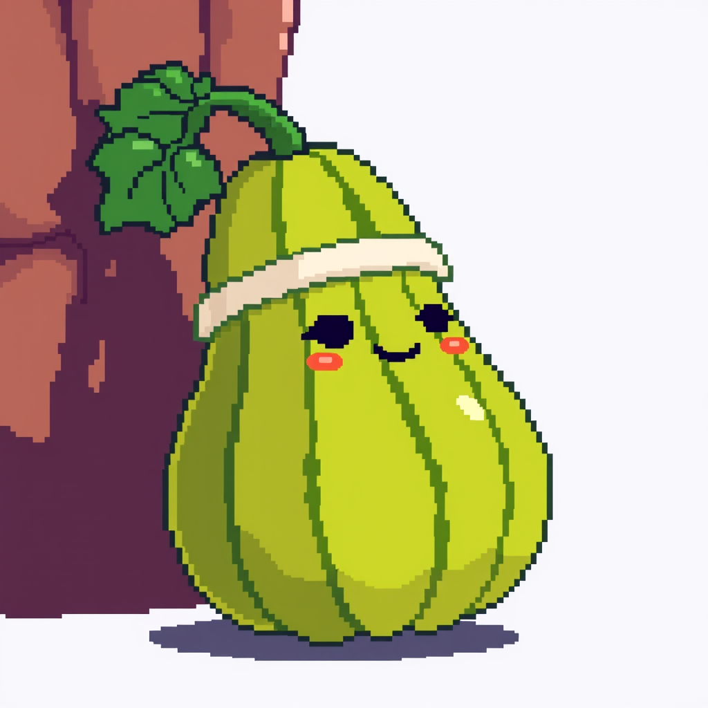AI Pixel Art idea created from the prompt: pixel art, 32x32 sprite scale, limited palette, retro 16-bit game art, Una calabaza con un lazo verde y un gorrito con carita coquette si pe