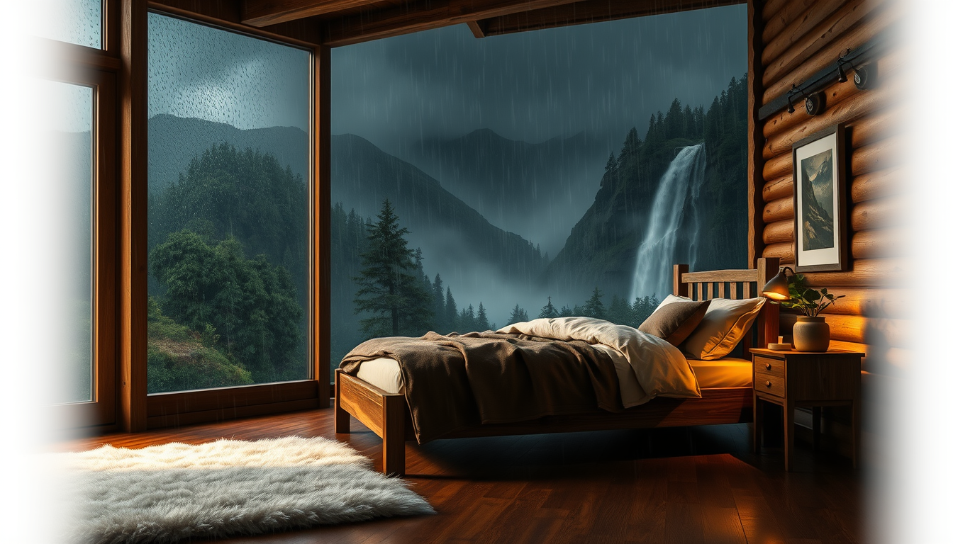 Main art studio: Ultra-realistic cinematic bedroom in a dark rainy evening. Cozy wooden cabin interior, realistic wooden bed with cream bedding and brown blanket, warm